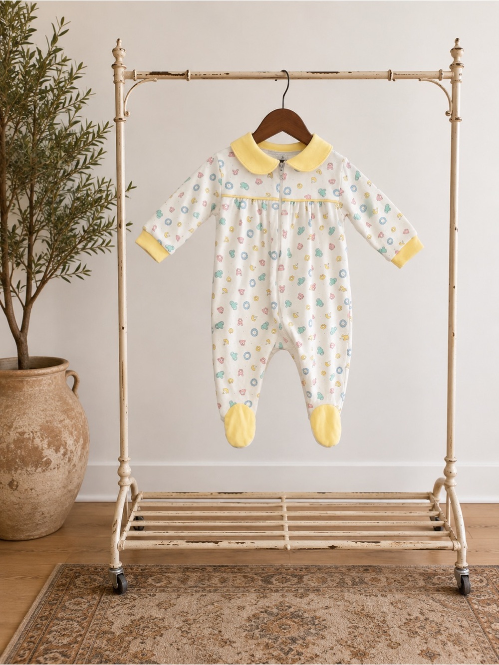 Yellow-Collar Baby One-Piece Footed Romper